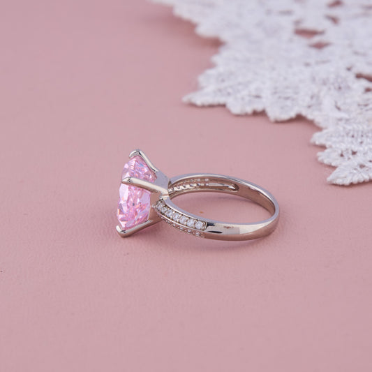 Silver Band Ring with Large Oval Pink Stone