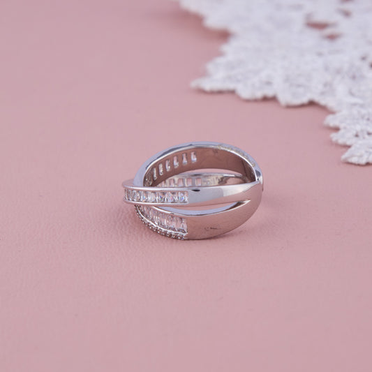 Silver Criss-Cross Open Ring with Baguette and CZ Detailing