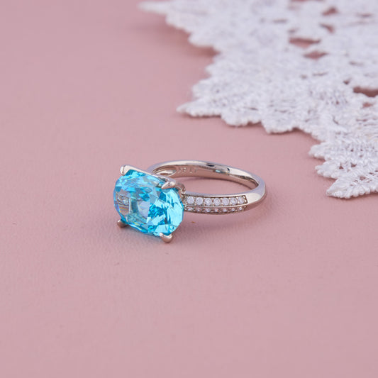 Silver Band Ring with Large Oval Blue Stone