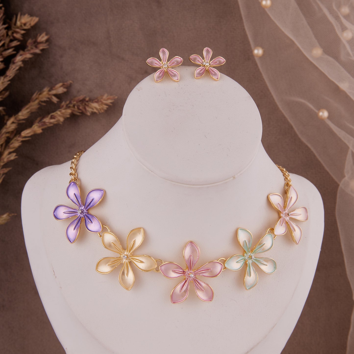 Pastel Multicolor Floral Necklace Set with Earrings, Ideal for Girls & Women