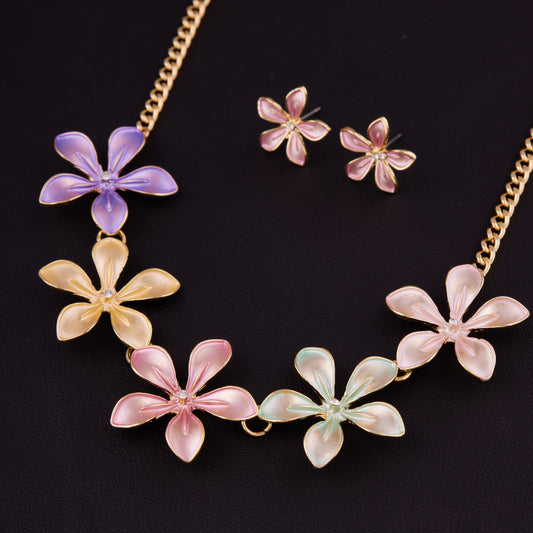 Pastel Multicolor Floral Necklace Set with Earrings, Ideal for Girls & Women