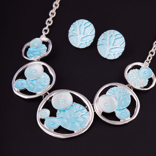 Sky Blue Tree Motif Necklace Set with Round Stud Earrings for Women & Girls