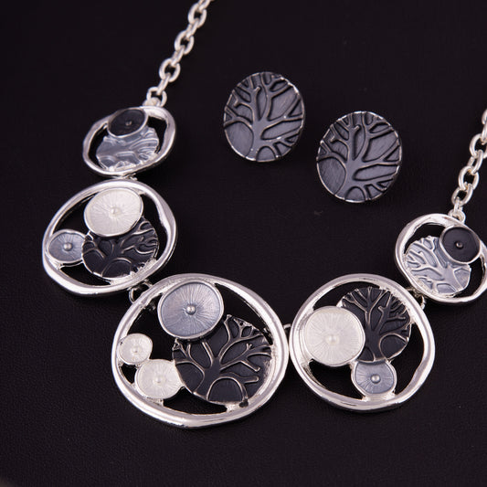 Black & Silver Tree Motif Necklace Set with Matching Stud Earrings for Women