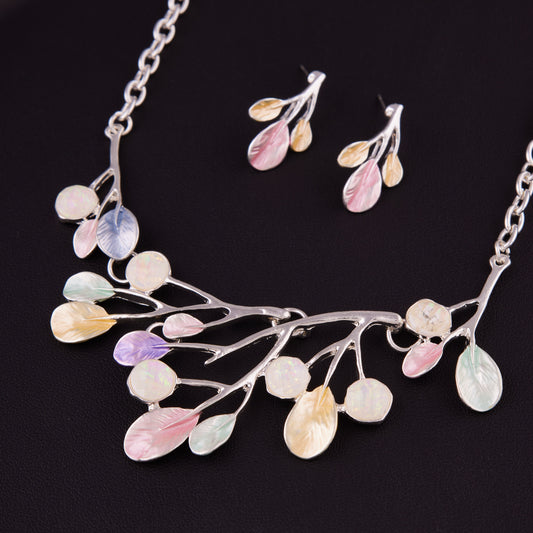 Pastel Leaf Pendant Necklace Set with Earrings for Women & Girls
