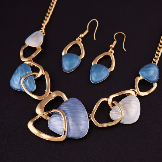 Elegant Blue & Gold Statement Necklace Set with Earrings for Women