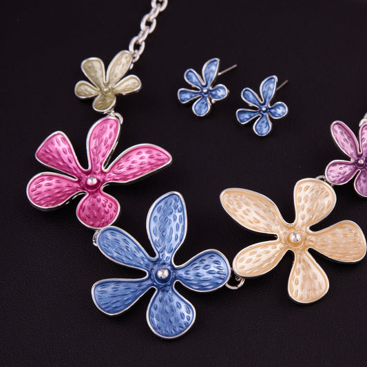 Colorful Floral Statement Necklace & Stud Earrings Set