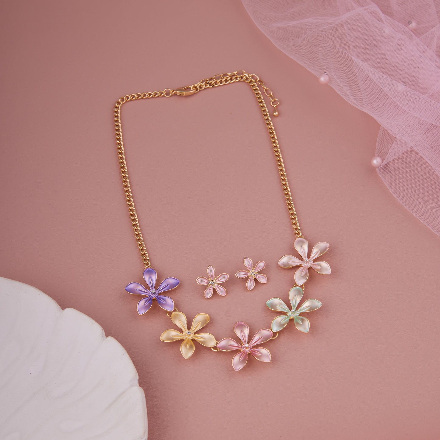Pastel Multicolor Floral Necklace Set with Earrings, Ideal for Girls & Women