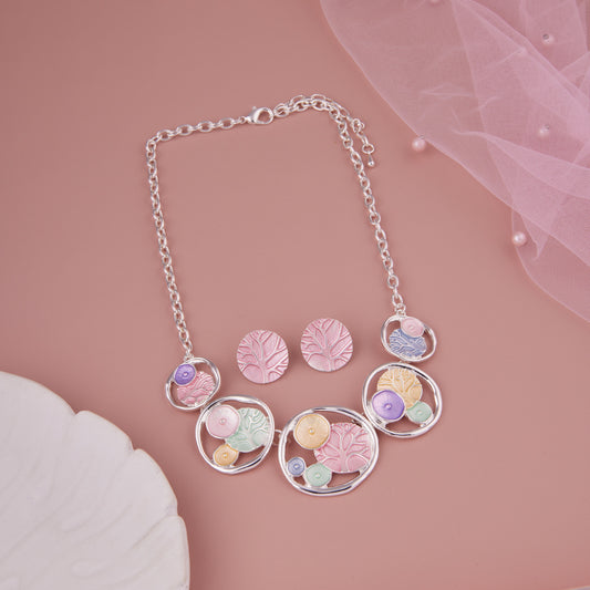 Round Pastel Statement Necklace Set with Earrings for Women & Girls