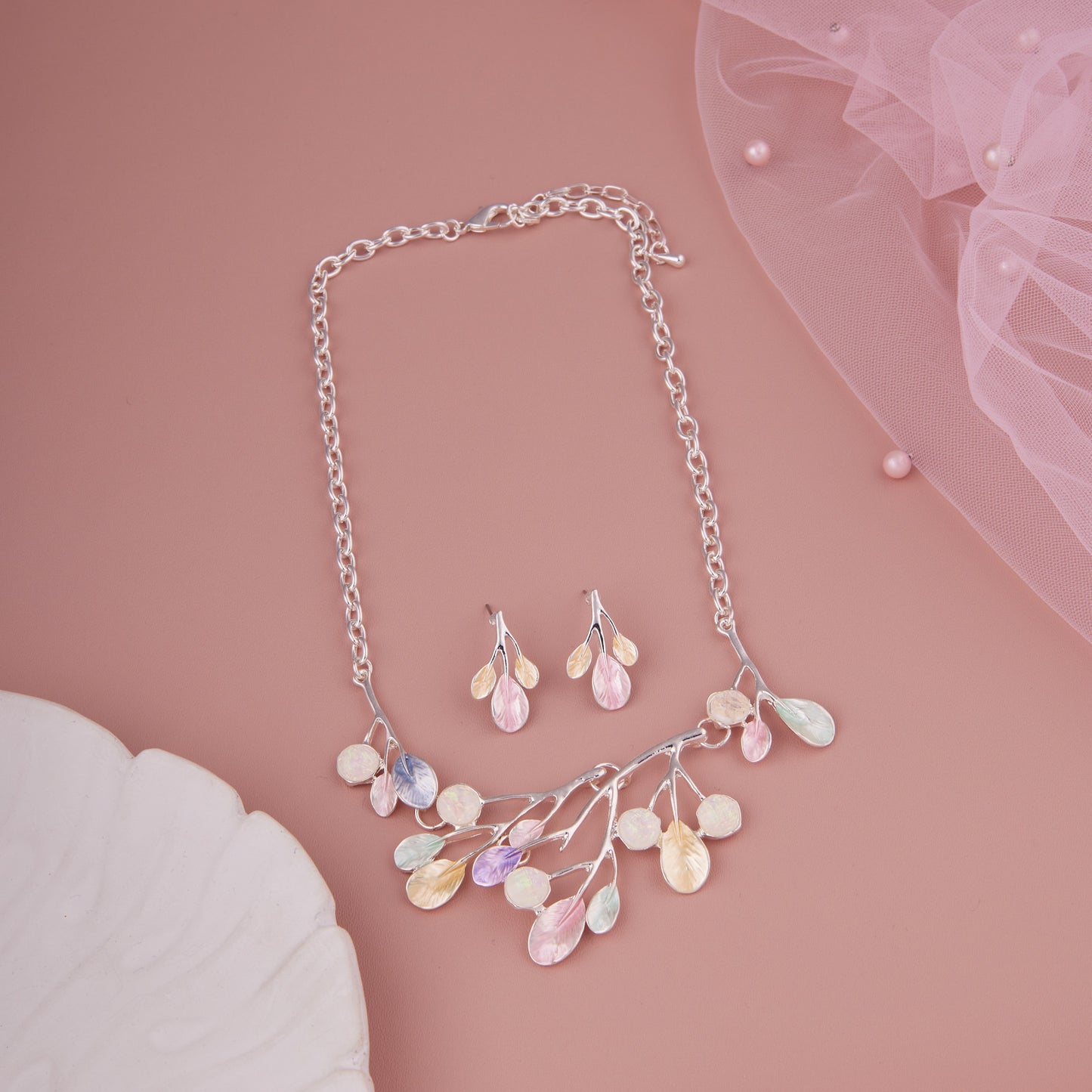 Pastel Leaf Pendant Necklace Set with Earrings for Women & Girls