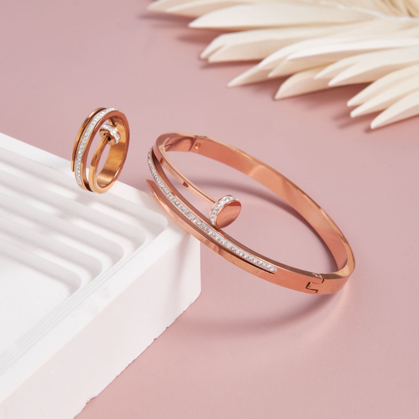 Rosegold Nail Studded Bracelet With Ring Combo For Girls And Women