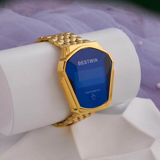 Men’s Gold-Toned Digital Watch with Blue Dial