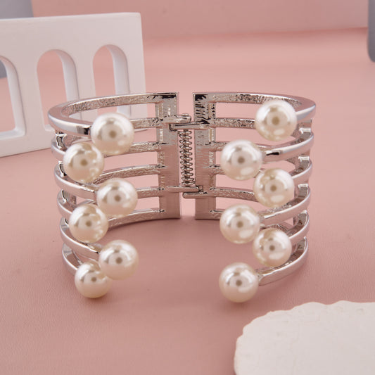Silver-Tone Caged Pearl Statement Bracelet