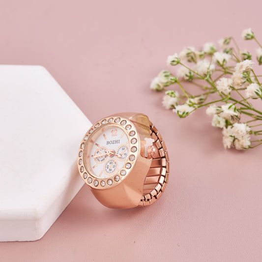 Rose Gold Crystal-Studded Ring Watch for Women