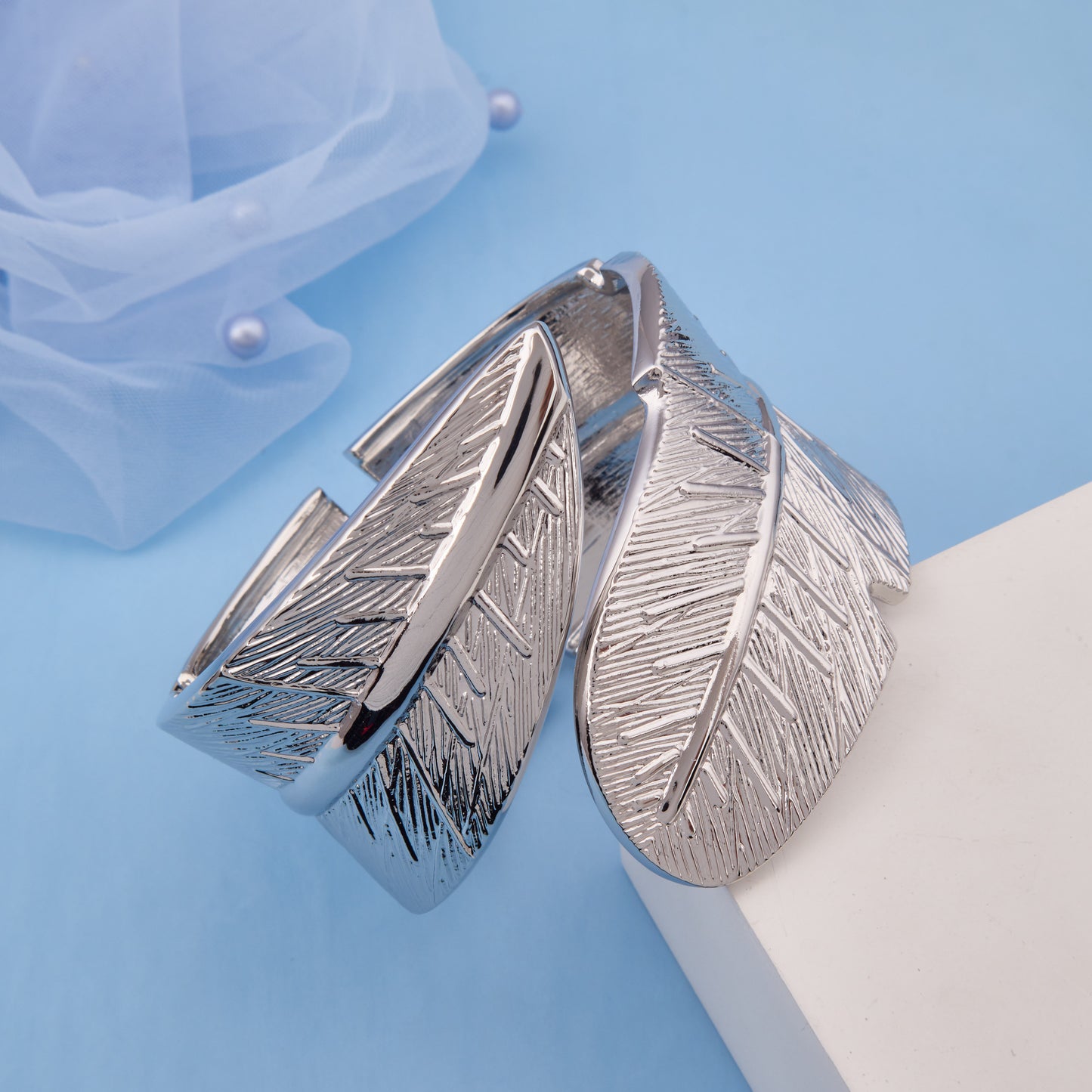 Bold Silver-Tone Leaf Cuff Bracelet