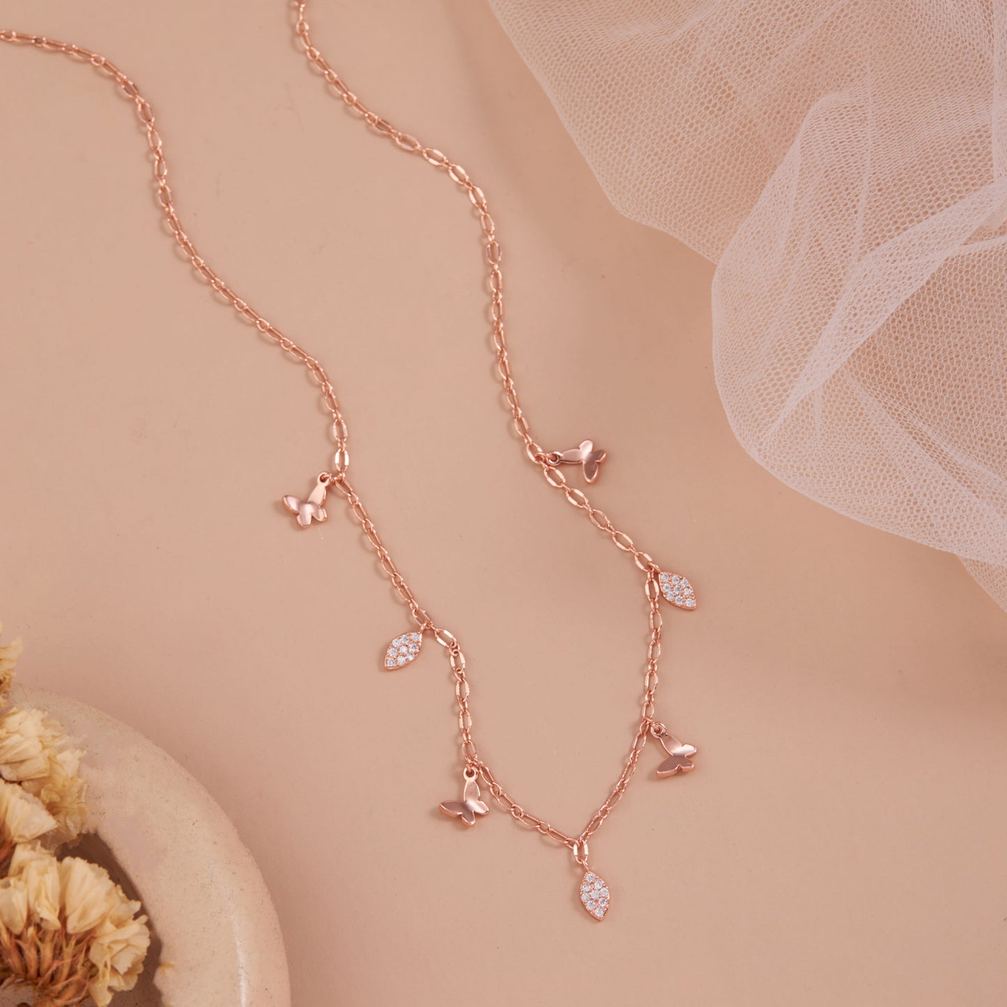 Stainless Steel Butterfly Necklace with Diamonds – Rose Gold