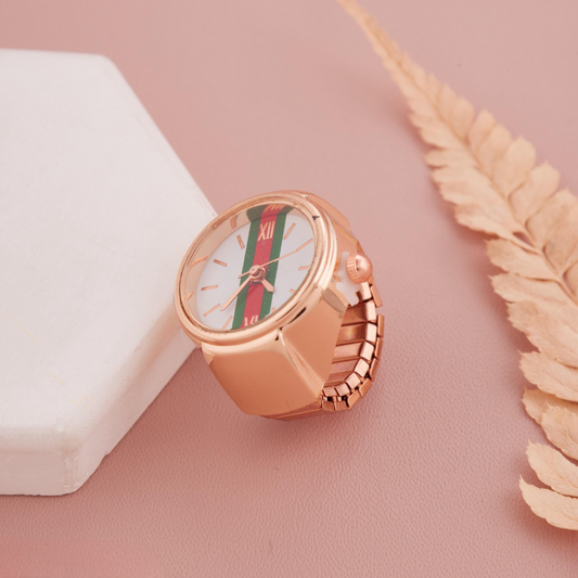 Rose Gold Round Ring Watch with White Dial & Red-Green Stripe Design