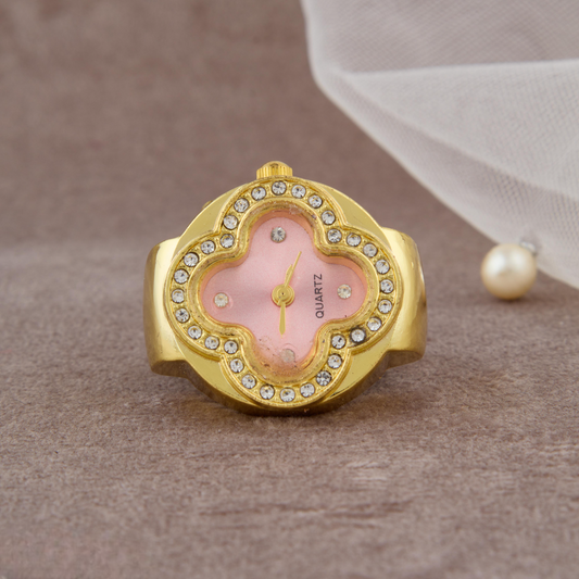 Gold-Tone Clover Dial Ring Watch with Pink Face & Crystals for Women & Girls
