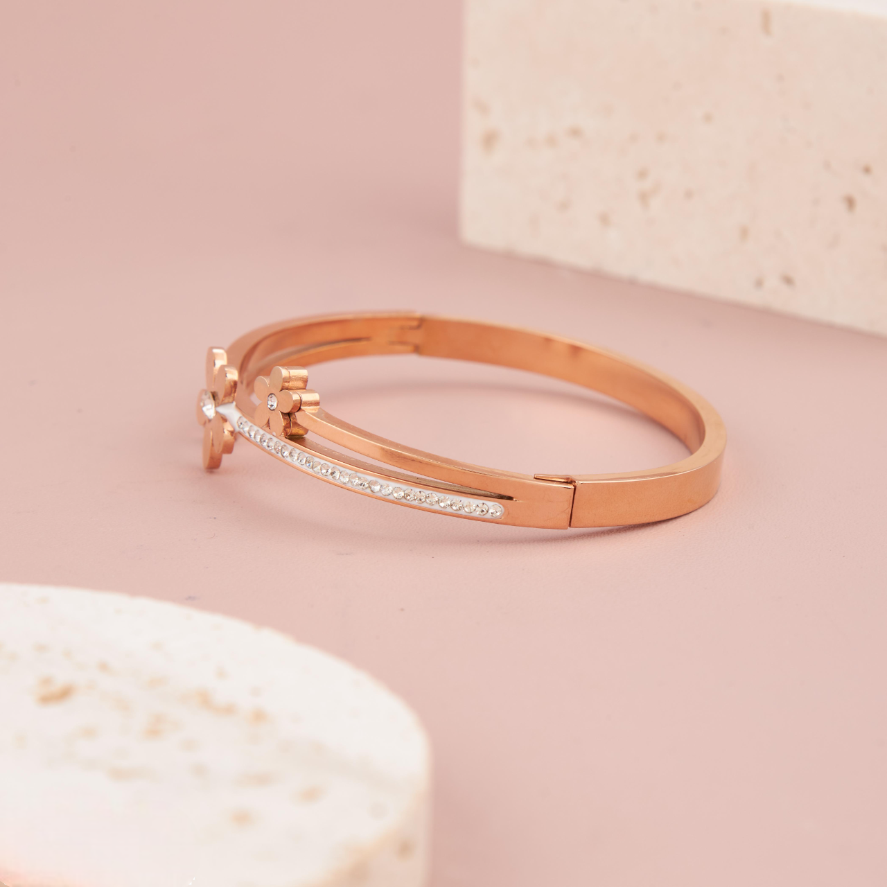 Rose Gold Floral Charm Bracelet with CZ Accents for Women & Girls
