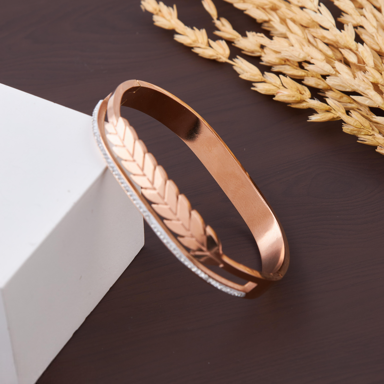 Rose Gold Leaf Design Bracelet with CZ Line for Girls & Women