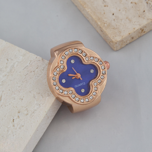 Luxury Blue Dial Ring Watch in Rose Gold Finish