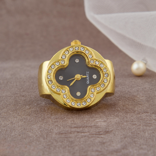 Gold-Tone Clover Dial Ring Watch with Crystals for Women & Girls