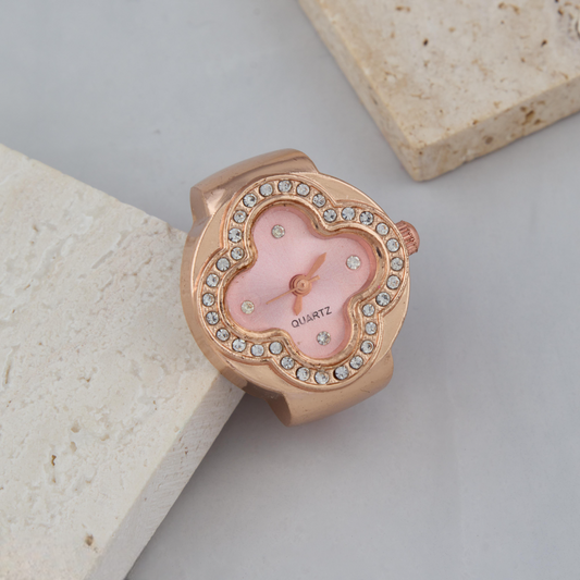 Chic Pink Dial Ring Watch in Rose Gold with Crystals