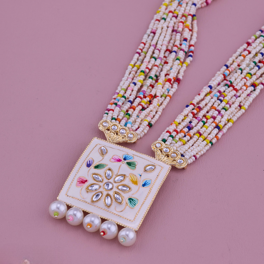 Handcrafted Multicolor Beaded Necklace Set with Square Meenakari Pendant & Earrings