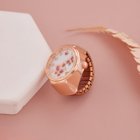 Rose Gold Ring Watch with Butterfly Print & White Dial for Women & Girls