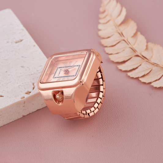 Rose Gold Square Dial Ring Watch with Roman Numerals