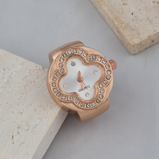Elegant White Dial Rose Gold Ring Watch with Crystal Accents