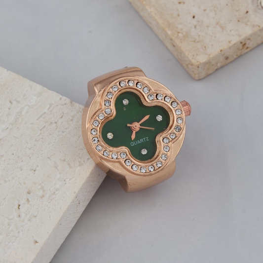 Luxurious Green Dial Rose Gold Ring Watch with Crystal Embellishments