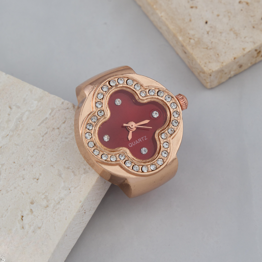 Elegant Red Dial Ring Watch in Rose Gold with Crystals
