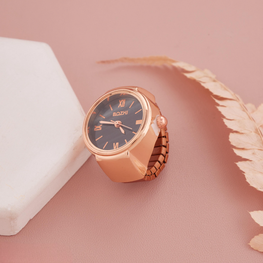 Rose Gold-Toned Ring Watch with Black Dial & Roman Numerals for Women