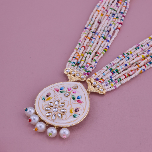 Multicolor Beaded Necklace Set with Meenakari Pendant & Earrings