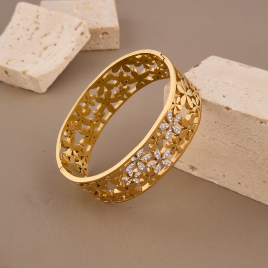 Gold Floral Cut-Out Bangle with Gemstone Detailing
