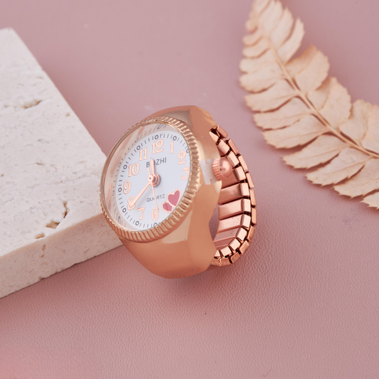 Rose Gold Ring Watch with White Dial & Red Heart Detail
