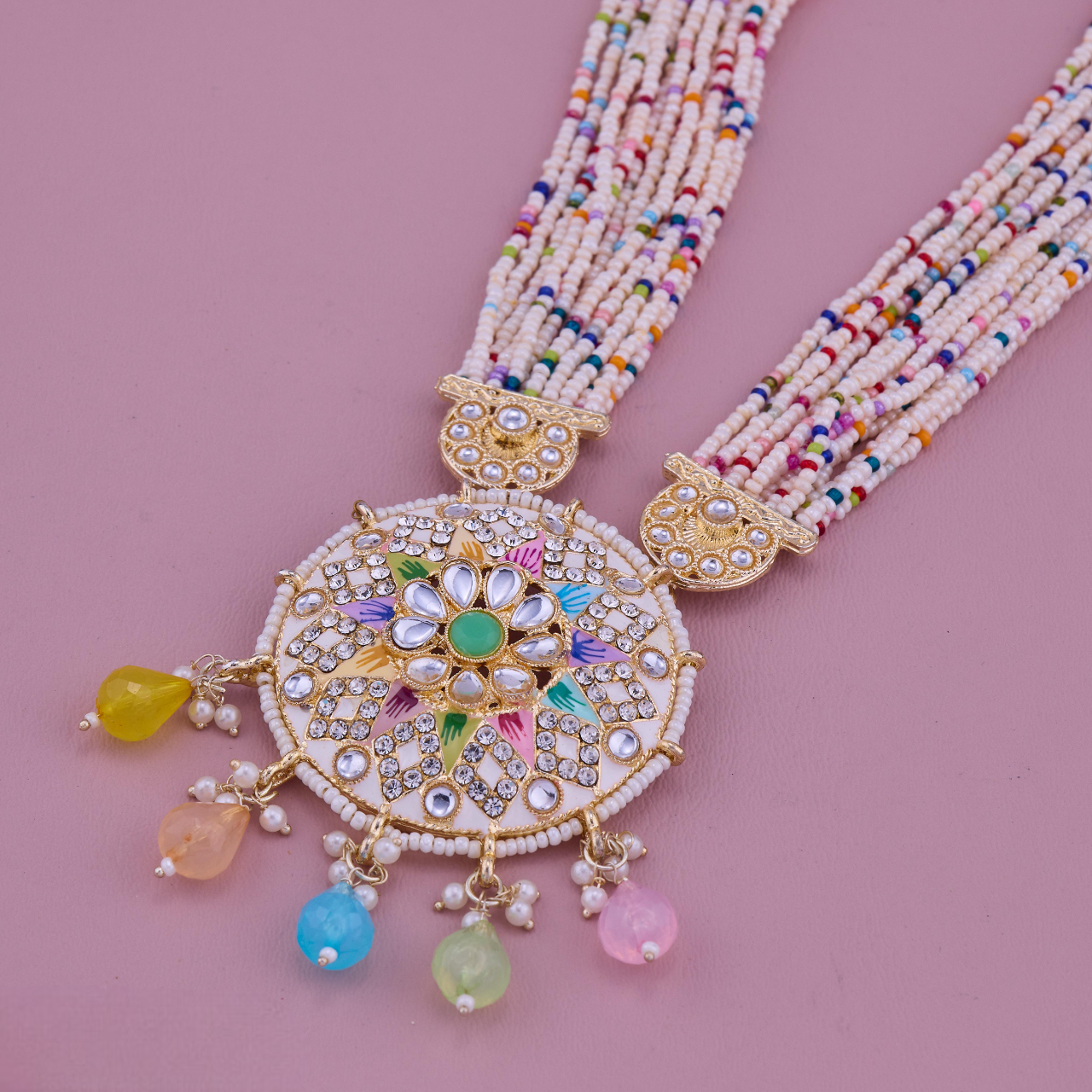 Tranditional Beaded Necklace Set with Meenakari Pendant & Earrings