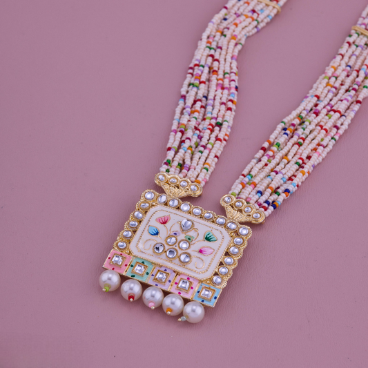 Ethnic Jewelry Set Necklace with Rectangular Meenakari Pendant & Pearl Drops