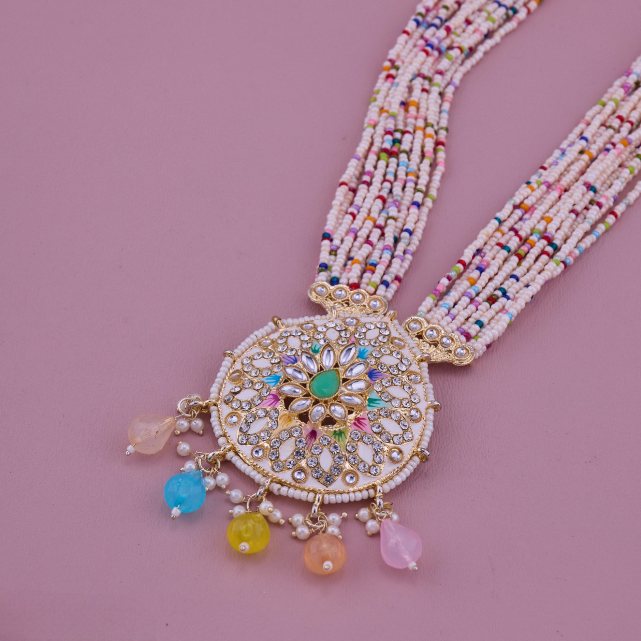 Ethnic Beaded Necklace Set with Meenakari Pendant & Earrings