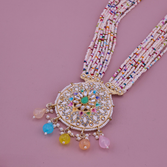 Ethnic Beaded Necklace Set with Meenakari Pendant & Earrings