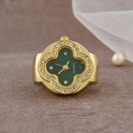 Gold Clover Dial Ring Watch with Green Face & Crystal Accents for Women & Girls