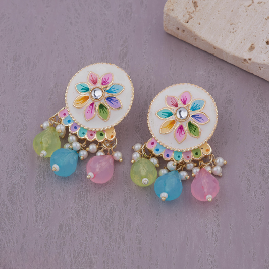 Multicolor Beaded Necklace Set with Hand-Painted Pendant & Earrings