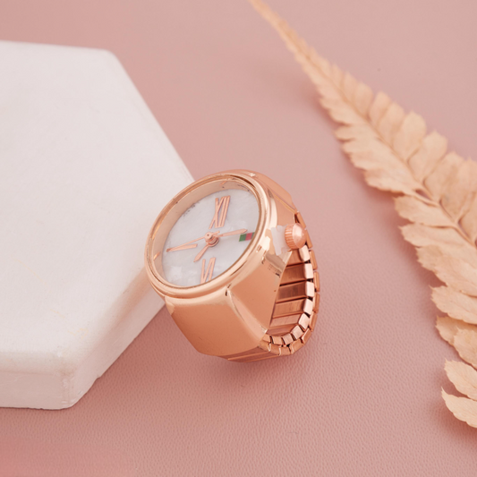 Elegant Rose Gold Round Ring Watch with White Dial & Roman Numerals