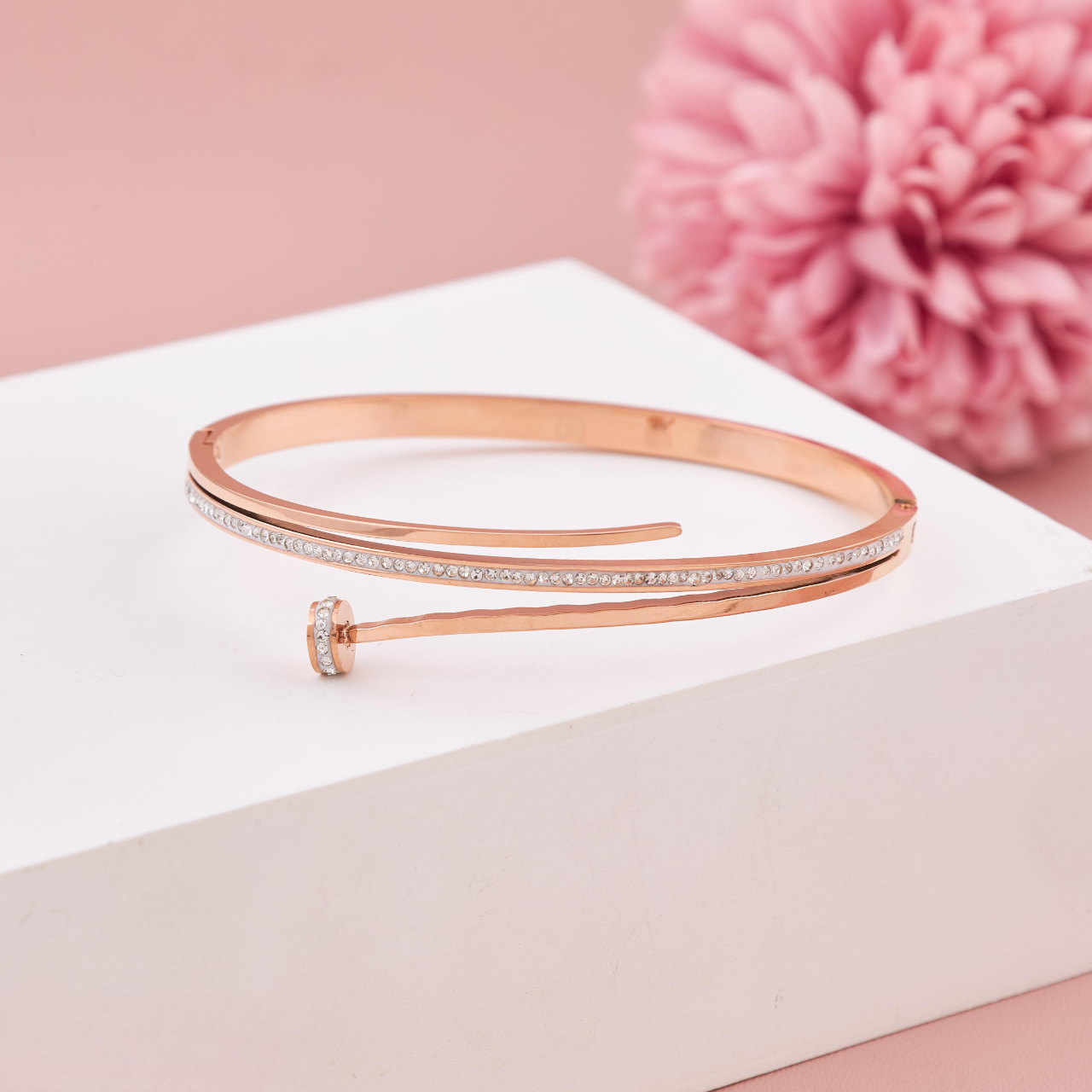 Rose Gold Nail Design Bracelet with CZ Detailing for Women & Girls