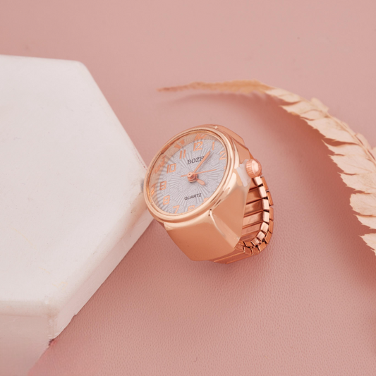 Rose Gold Ring Watch with Geometric Patterned White Dial for Women & Girls