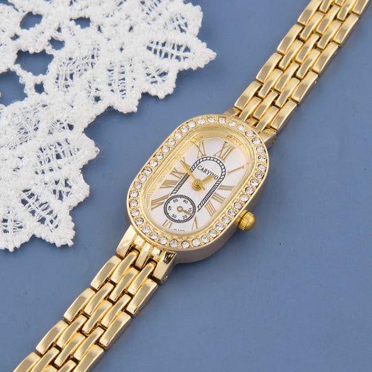 Vintage-Inspired Gold Oval Dial Watch with Crystal Bezel for Women