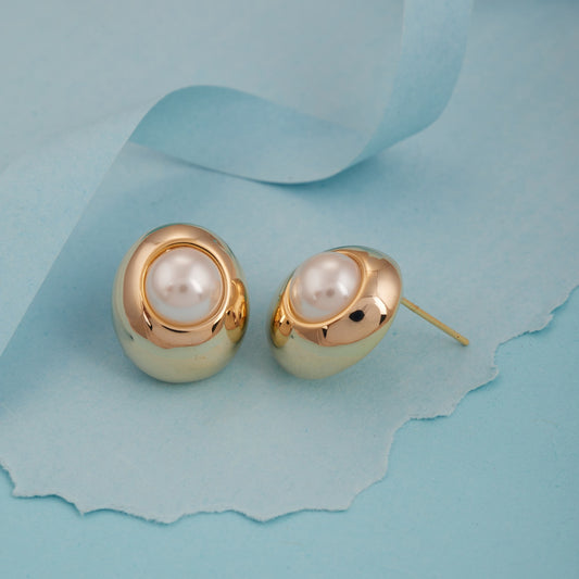 Gold-Toned Stud Earrings with White Pearl Center for Women & Girls