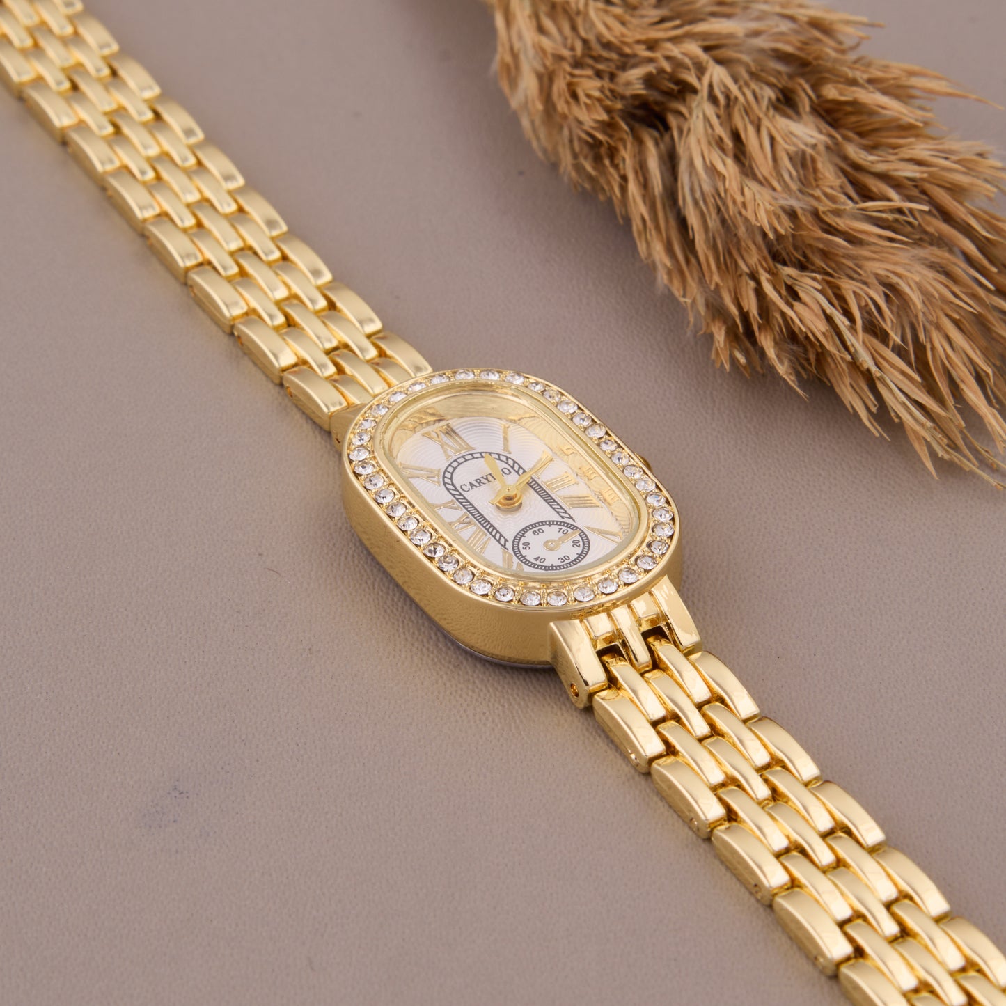 Vintage-Inspired Gold Oval Dial Watch with Crystal Bezel for Women