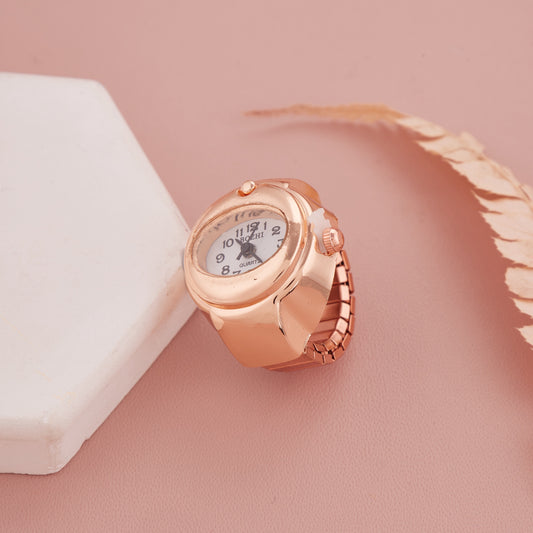 Rose Gold Ring Watch with Oval Dial & Artistic Number Layout