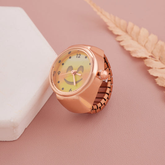 Trendy Rose Gold Ring Watch with Cool Shades Emoji Dial for Women & Girls